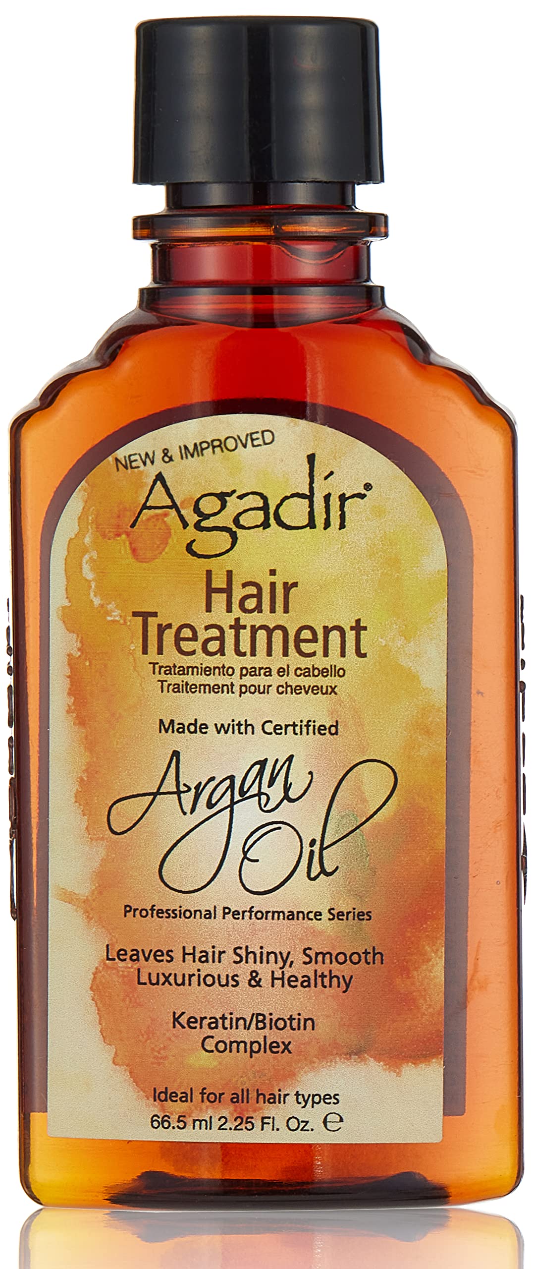 Agadir argan oil front label showing bottle and benefits for hydrated hair