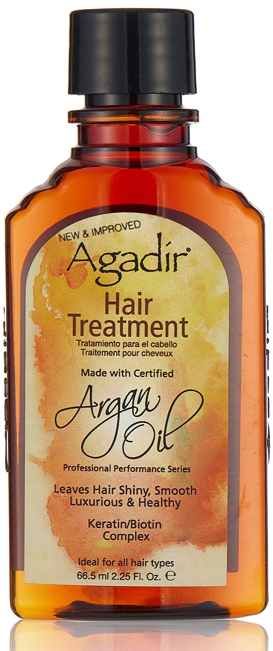 Agadir argan oil front label showing bottle and benefits for hydrated hair