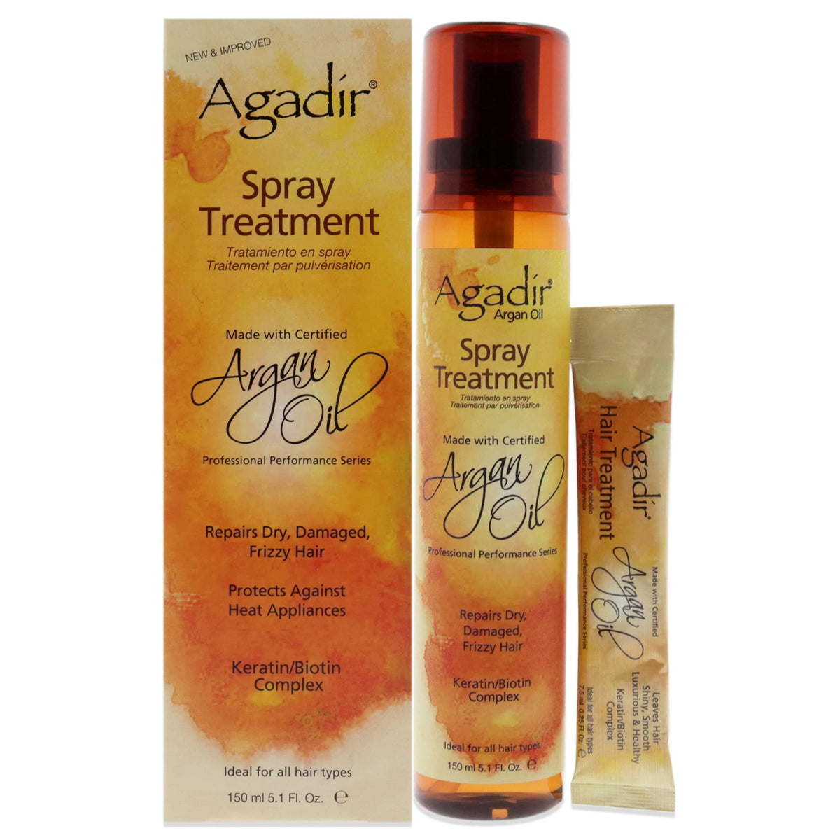 Agadir argan oil spray used while styling in a salon setting to add shine and tame frizz effectively
