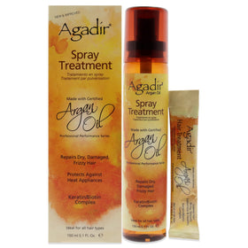 Agadir argan oil spray used while styling in a salon setting to add shine and tame frizz effectively