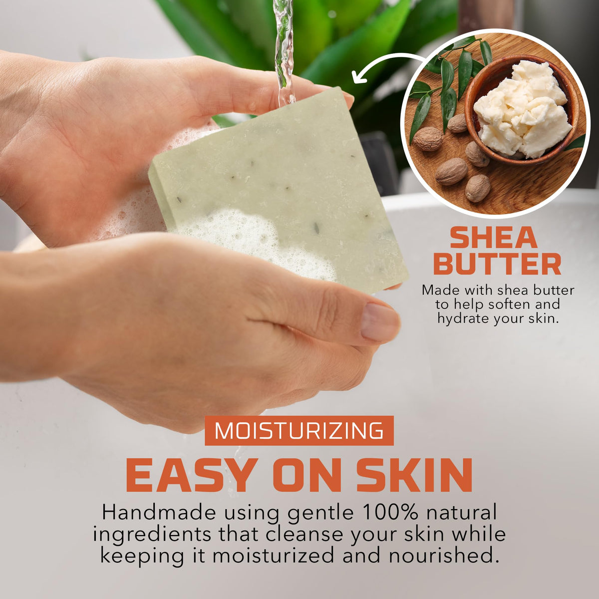 Age of Sage soap bar in hand showing size and solid feel for easy handling benefit