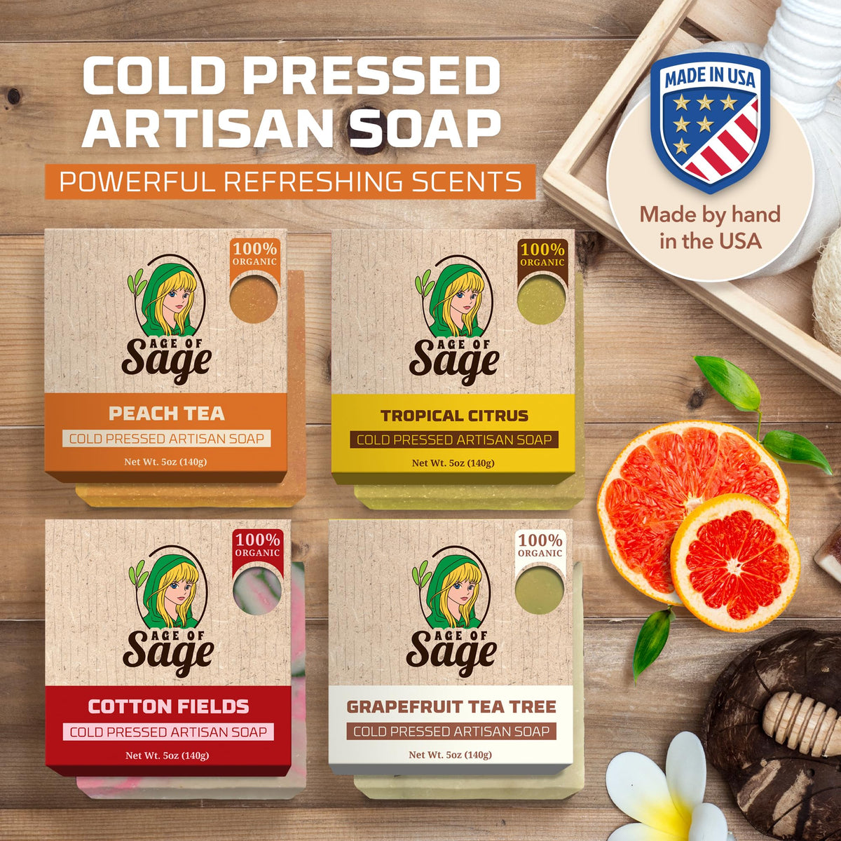 Age of Sage four individual soap bars arranged to show color variety and selection benefit
