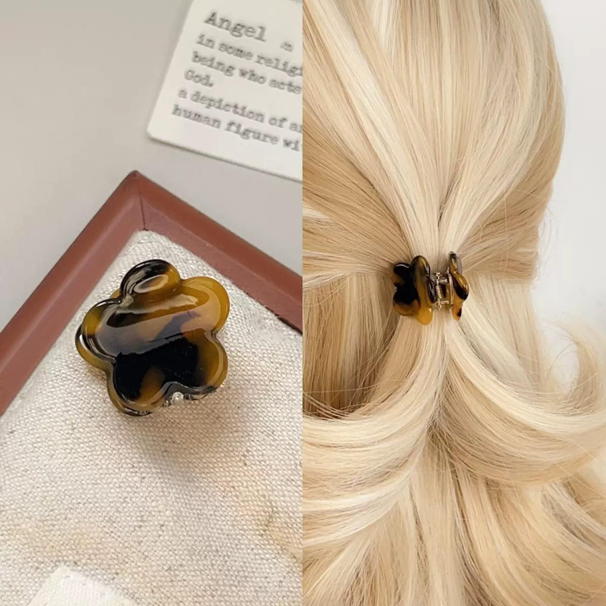 Agirlvct clip holding bangs in place on model, tidy everyday styling