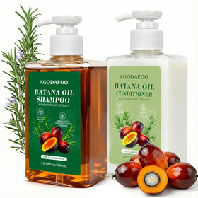 Agodafoo front view of shampoo and conditioner set showing packaging and benefit