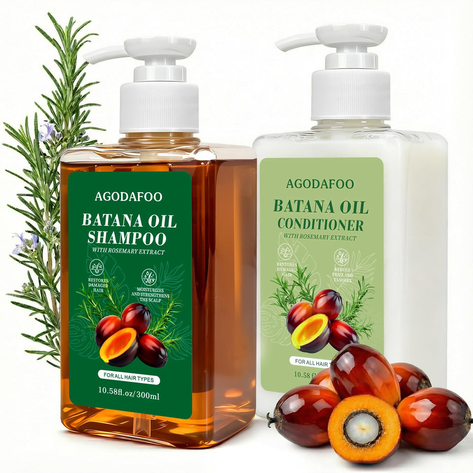 Agodafoo front view of shampoo and conditioner set showing packaging and benefit
