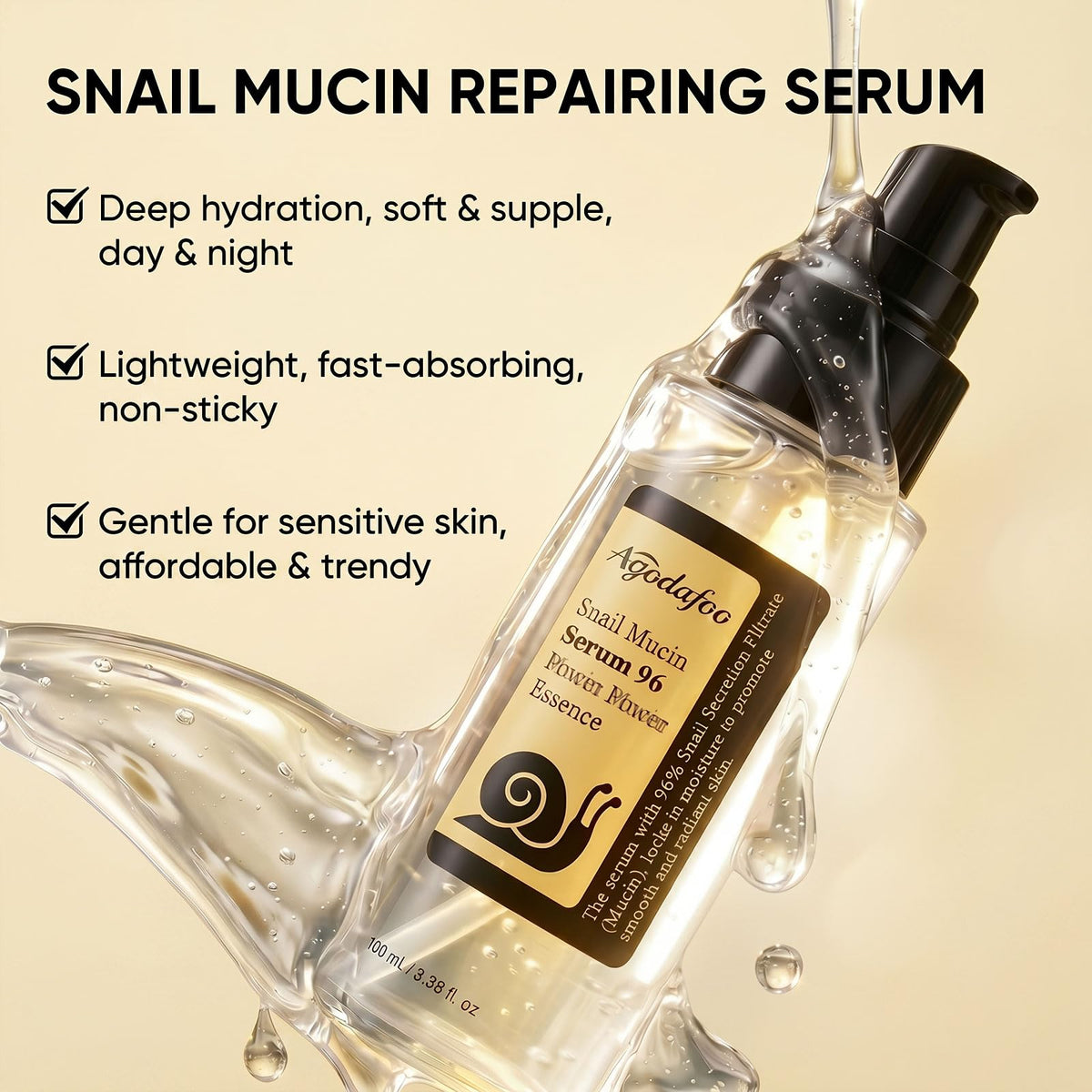 Agodafoo serum texture drop on hand showing lightweight absorption benefit