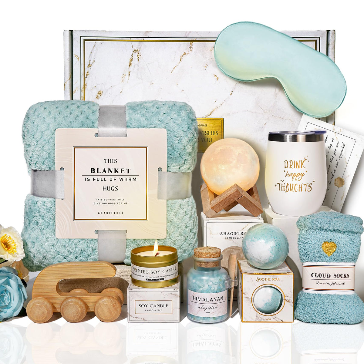 AHAGIFTREE front gift box display showing curated turquoise set and instant presentation benefit