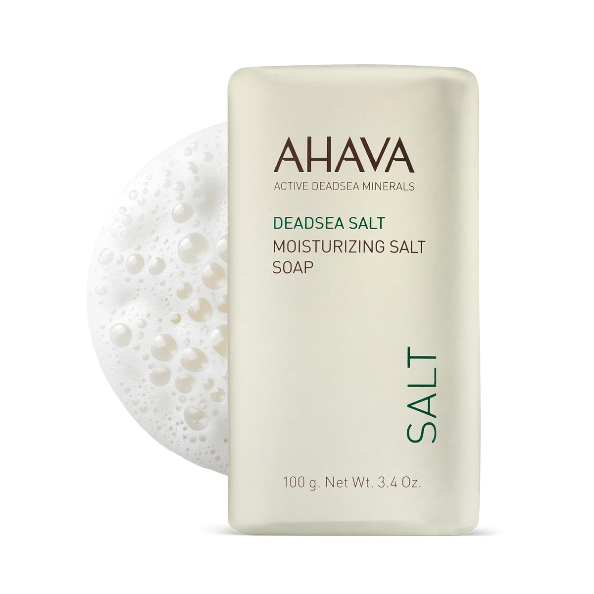 AHAVA front packaging of Dead Sea Salt Soap showing brand and bar benefit