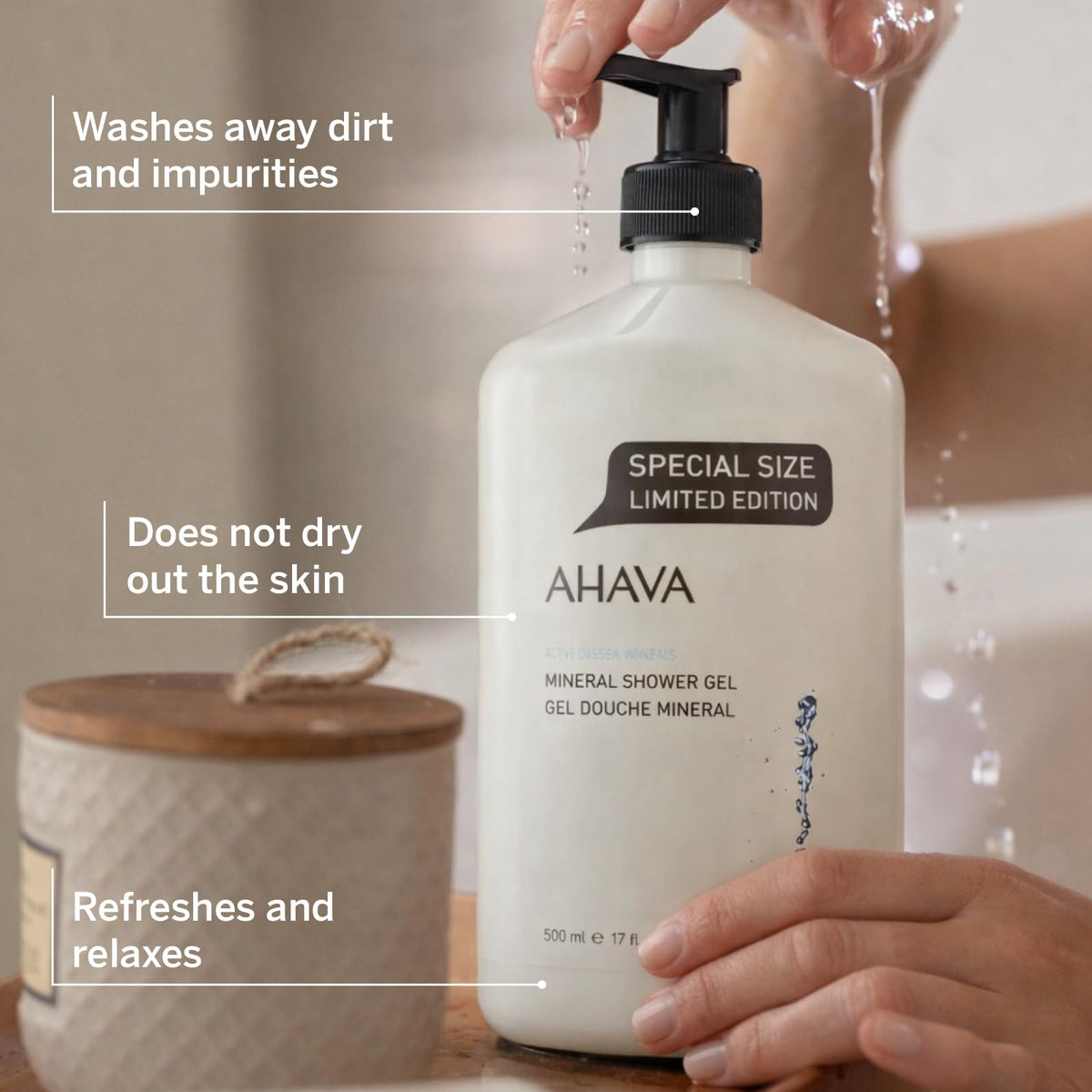 AHAVA gel texture and foam close-up demonstrating gentle lathering