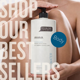 AHAVA product styled on beach setting evoking fresh sea-kissed scent