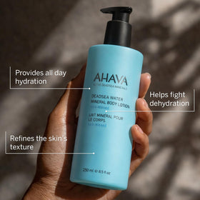AHAVA lotion texture closeup highlighting lightweight, fast-absorbing finish