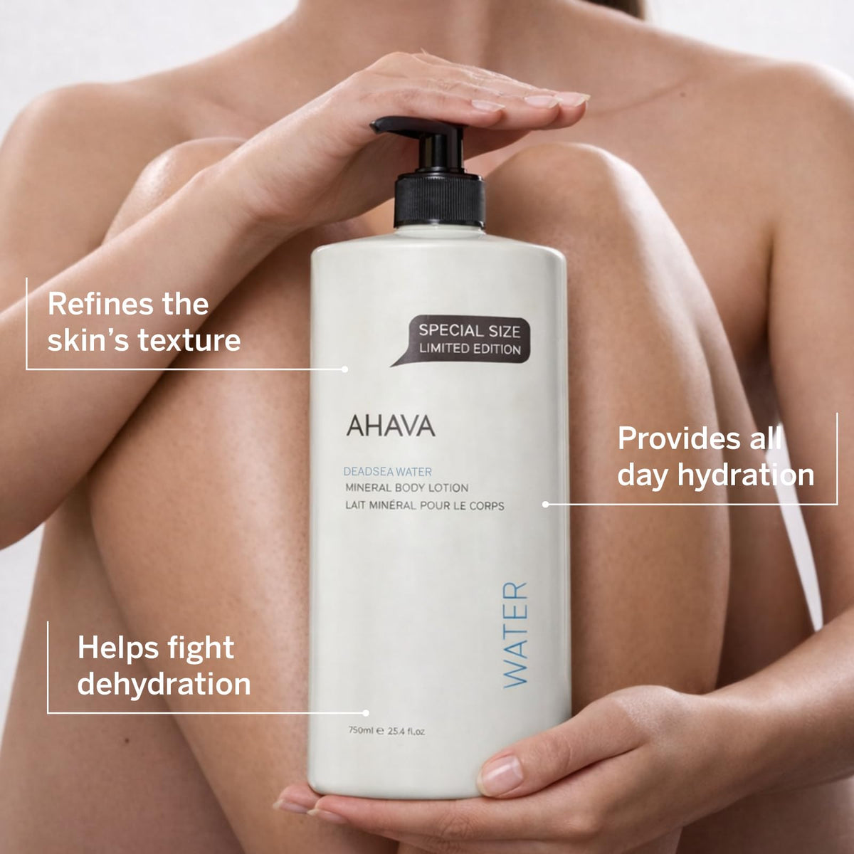 AHAVA pump dispenser and cap detail, offers easy, mess-free everyday dispensing
