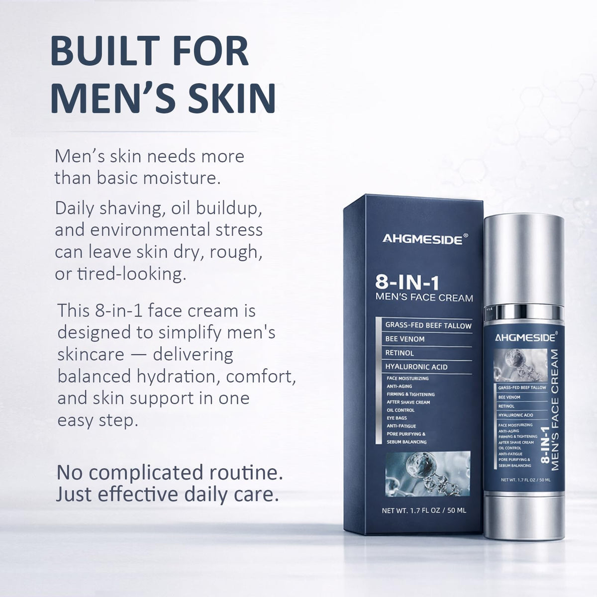Ahgmeside on bathroom shelf lifestyle image conveying simple everyday grooming routine ease