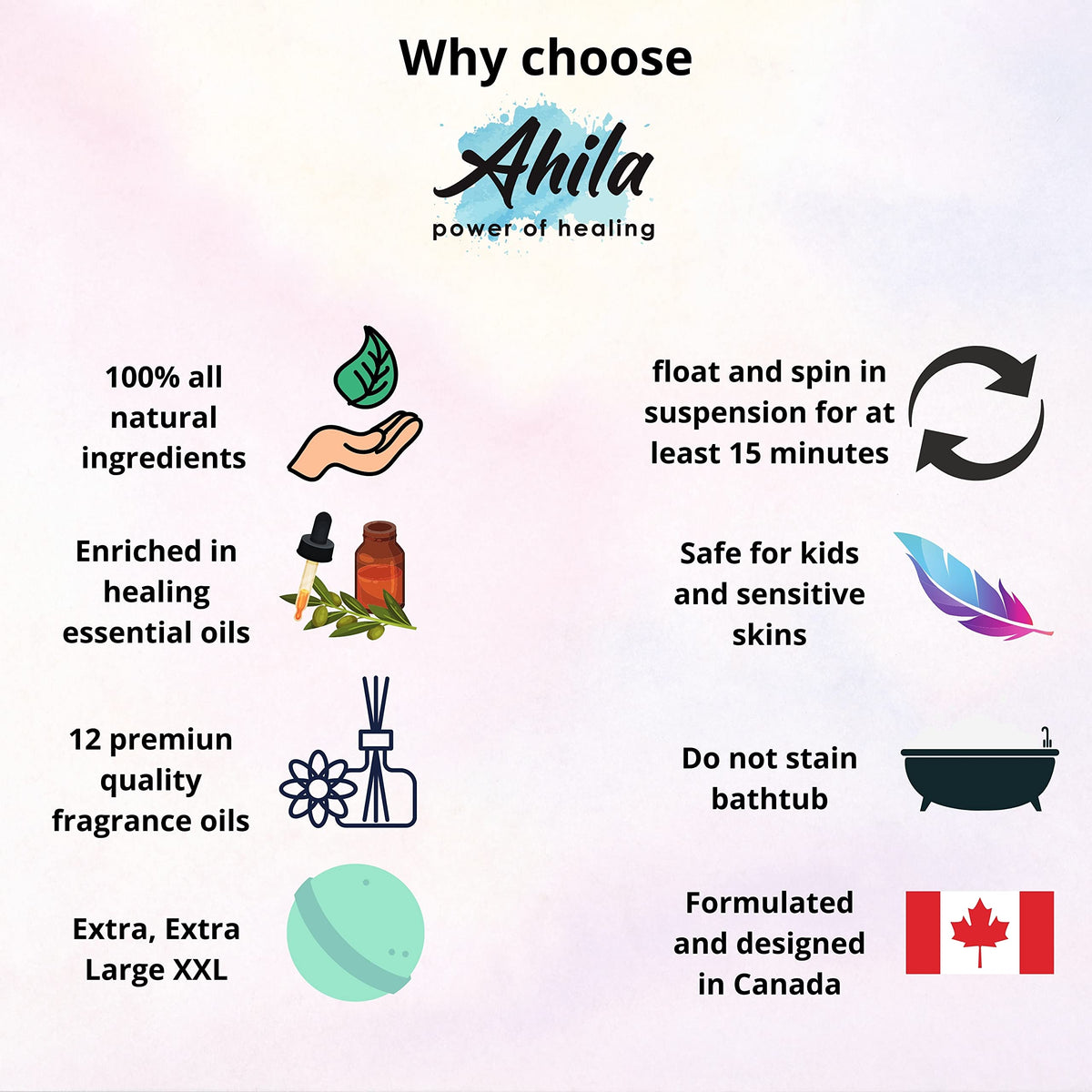 Ahila power of healing bath bomb fizzing in tub providing long-lasting visual and aromatic relaxation