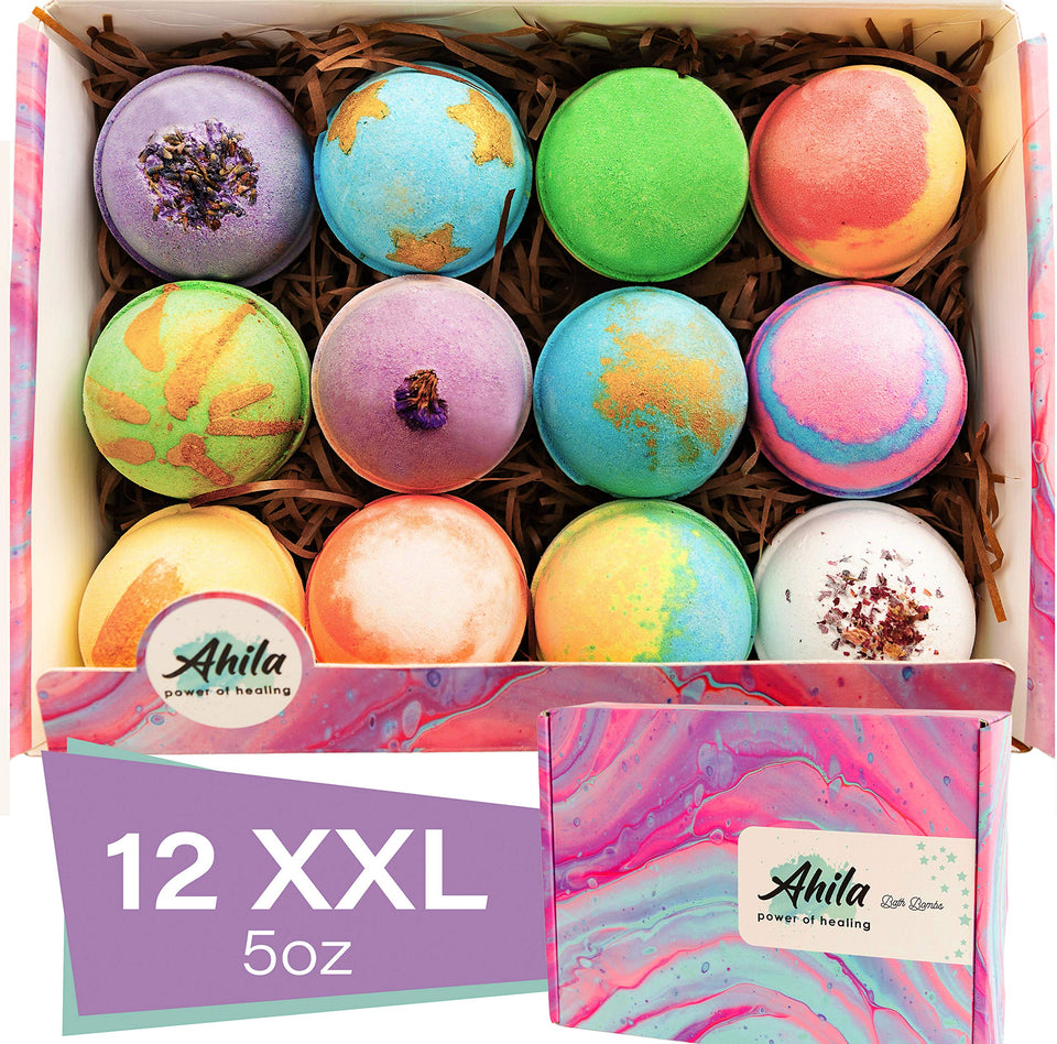 Ahila power of healing front packaging showing 12 XXL bath bombs and gift-ready presentation