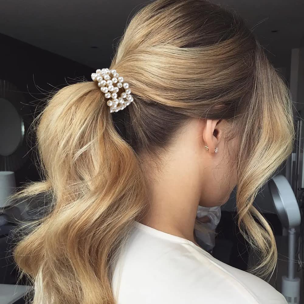 AHONEY hair tie wrapped around a bun, creating a polished bridal-ready accent