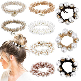 AHONEY front packaging showing nine pearl and crystal hair ties, stylish gift-ready