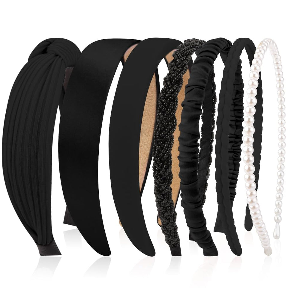 AHONEY front pack of seven black headbands showing variety and convenience