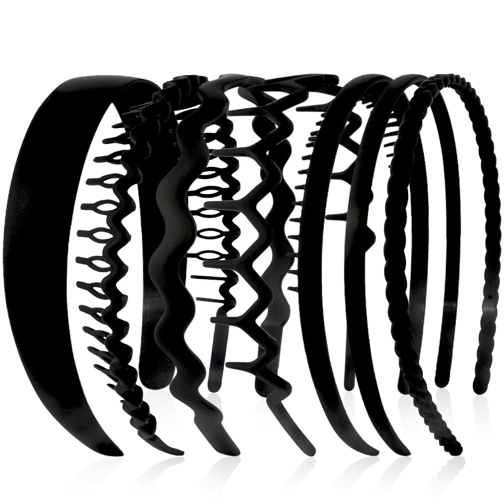 AHONEY front view of seven black headbands in set showing variety and organized packaging benefit