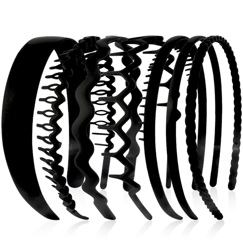 AHONEY front view of seven black headbands in set showing variety and organized packaging benefit