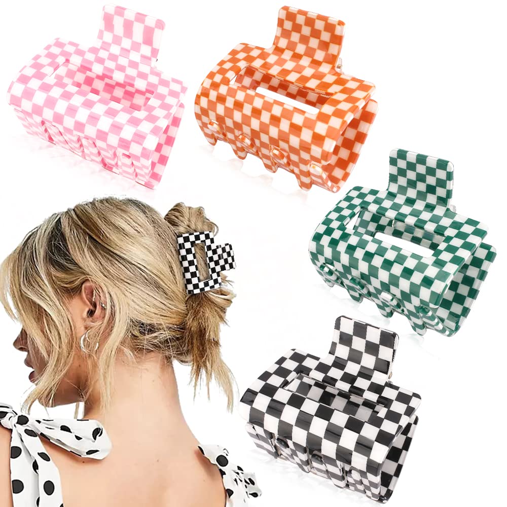 AHONEY front view of four checkered clips showing colors and pattern, stylish storage benefit