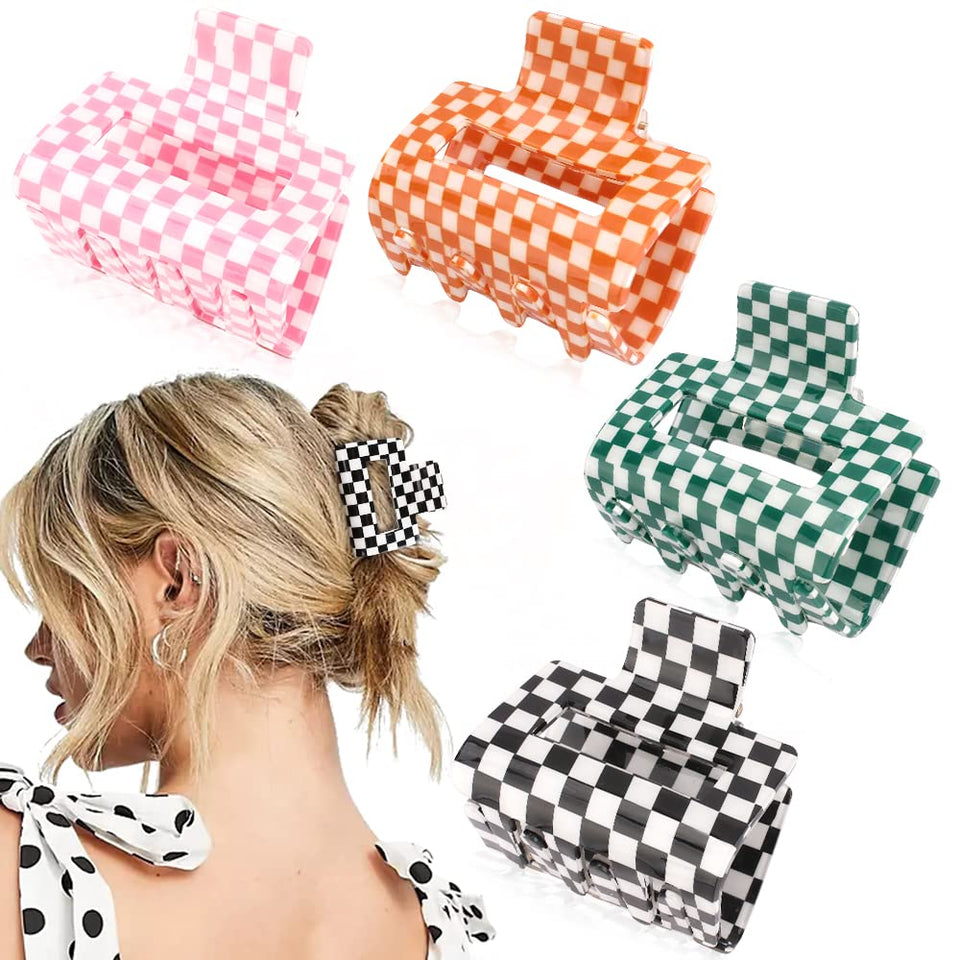 AHONEY front view of four checkered clips showing colors and pattern, stylish storage benefit