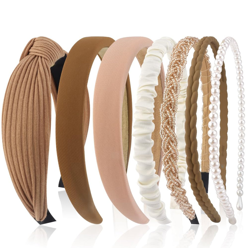 AHONEY front pack of seven neutral headbands showing variety and convenience