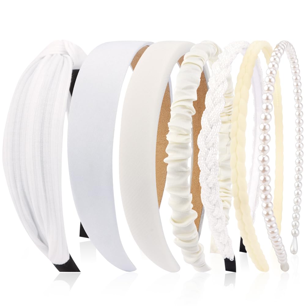 AHONEY front view of seven white headbands showing variety and easy styling
