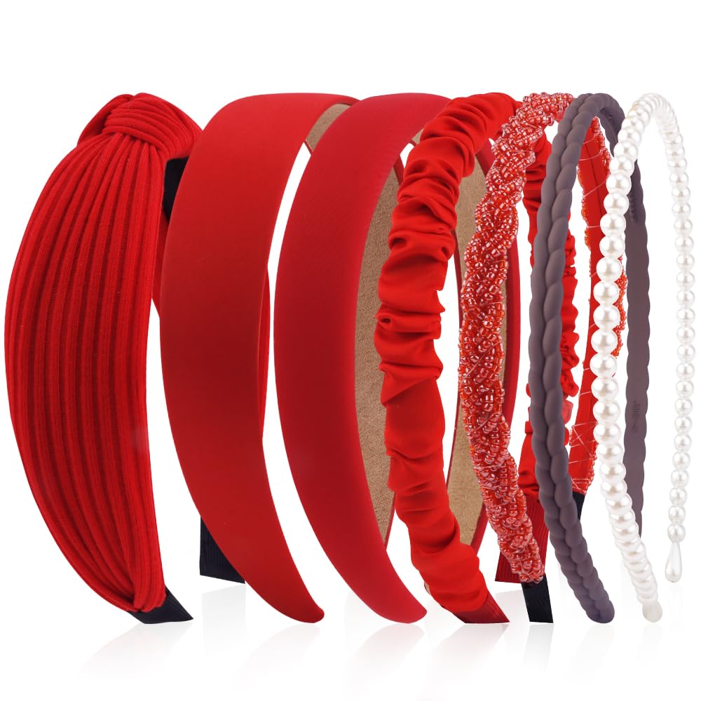 AHONEY front view of seven red headbands showing variety and easy styling