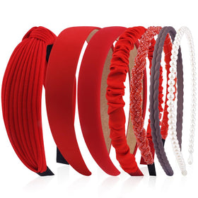 AHONEY front view of seven red headbands showing variety and easy styling