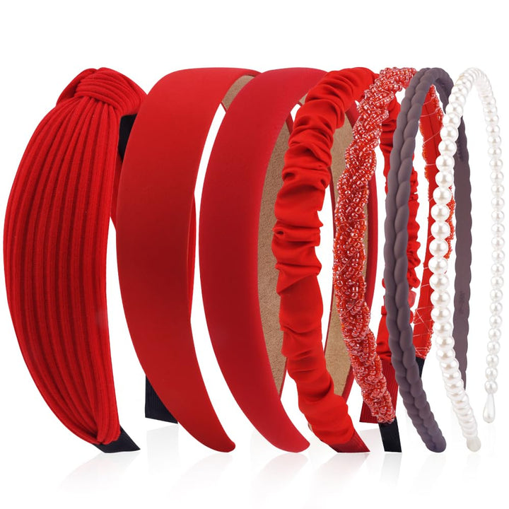 AHONEY front view of seven red headbands showing variety and easy styling