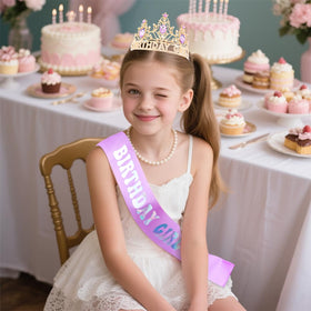 AHONEY glitter sash flat lay showing printed BIRTHDAY GIRL text and shimmer