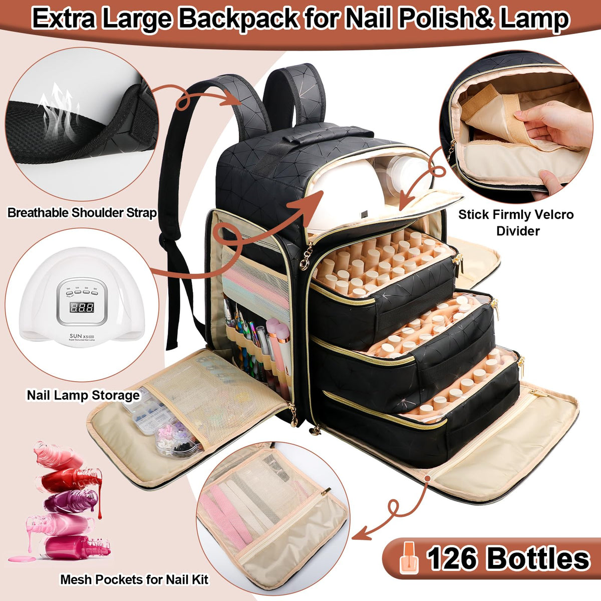 ahzske open top showing nail lamp and bottles for secure storage
