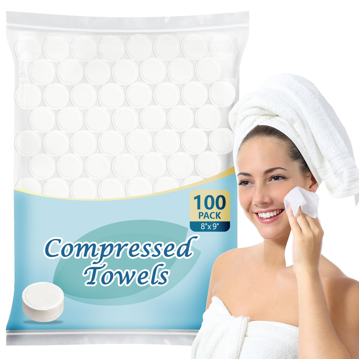 AIDEA front packaging showing 100 compressed towels, compact supply benefit