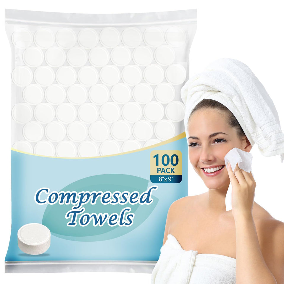 AIDEA front packaging showing 100 compressed towels, compact supply benefit
