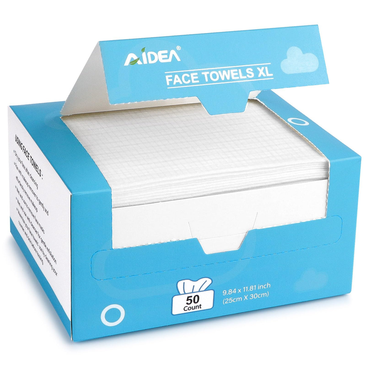 AIDEA pack front view showing 50-count convenience and large towel size