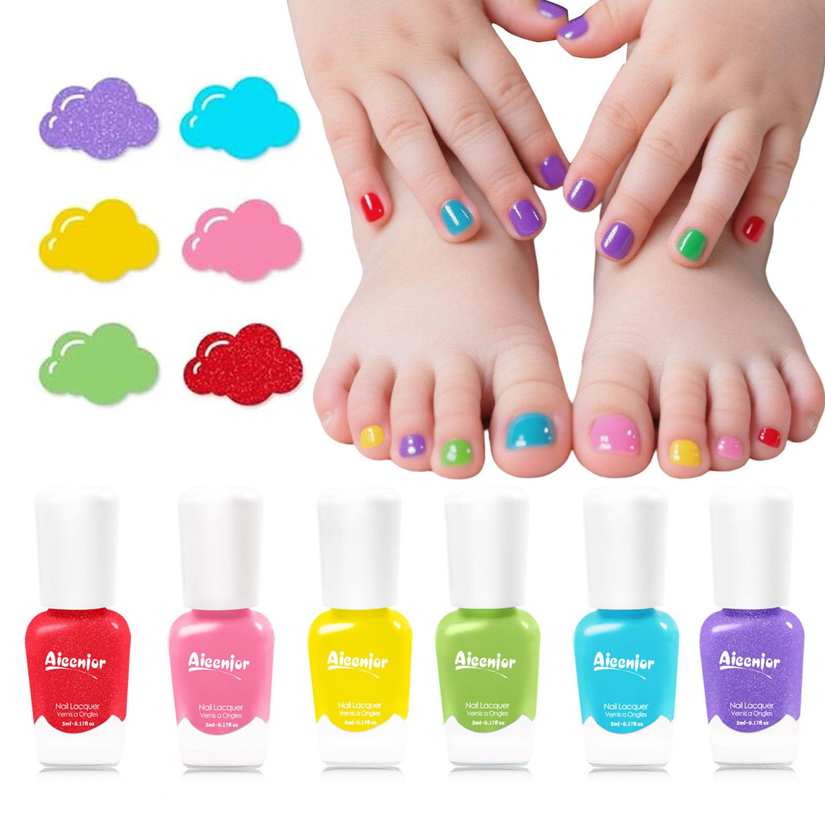Aieenjor front packaging showing six bright water-based polishes and kid-safe design benefit