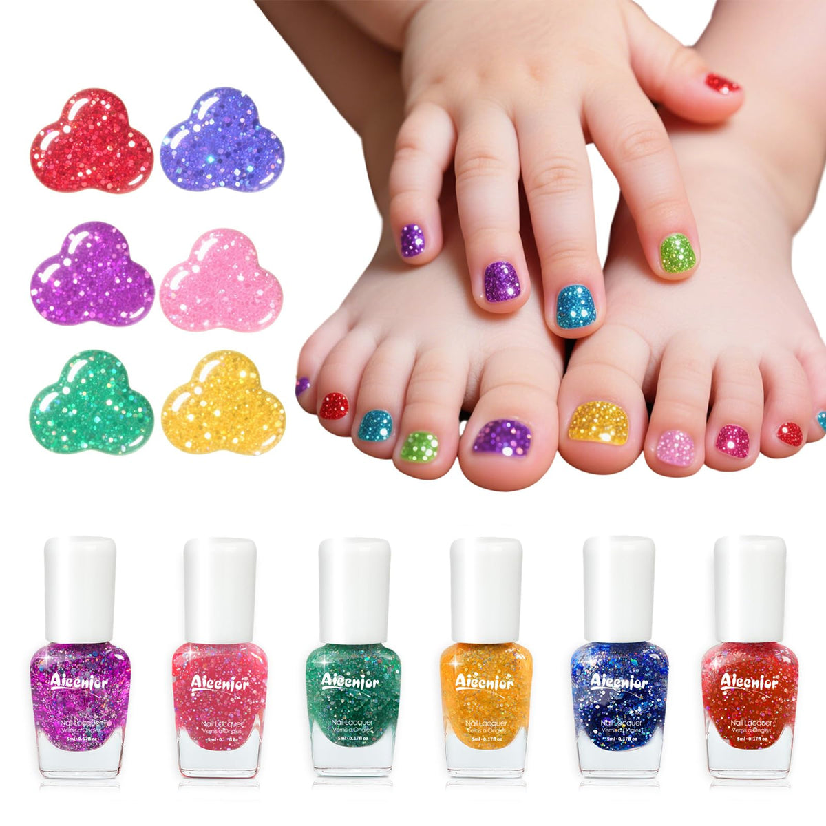 Aieenjor front packaging showing six colorful bottles and kid-friendly design benefit