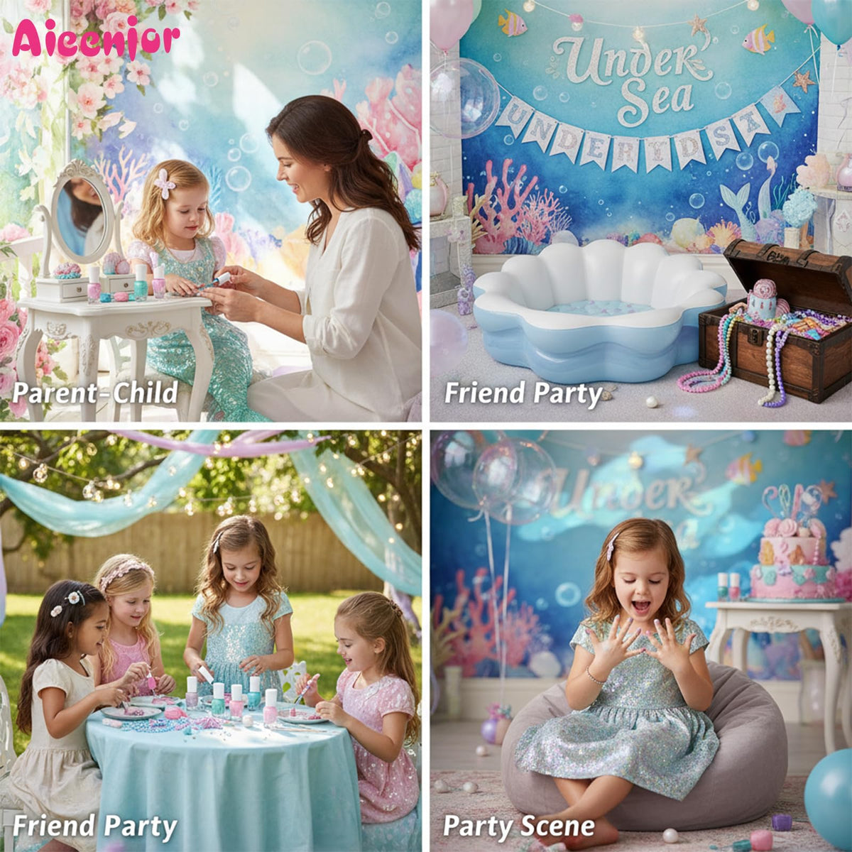 Kids at a party wearing Aieenjor nails for playful, sparkly fun