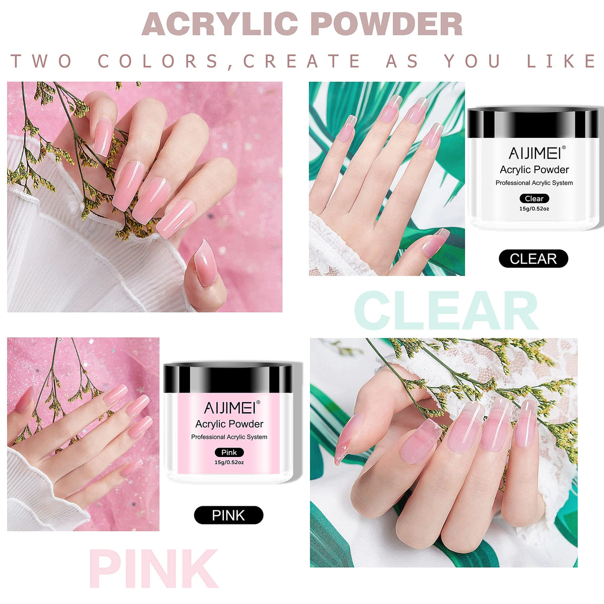AIJIMEI clear and pink acrylic powders close-up demonstrating smooth texture for easy sculpting
