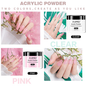 AIJIMEI clear and pink acrylic powders close-up demonstrating smooth texture for easy sculpting