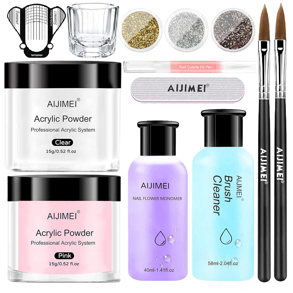 AIJIMEI full kit laid out showing every included tool and powders for versatile nail work