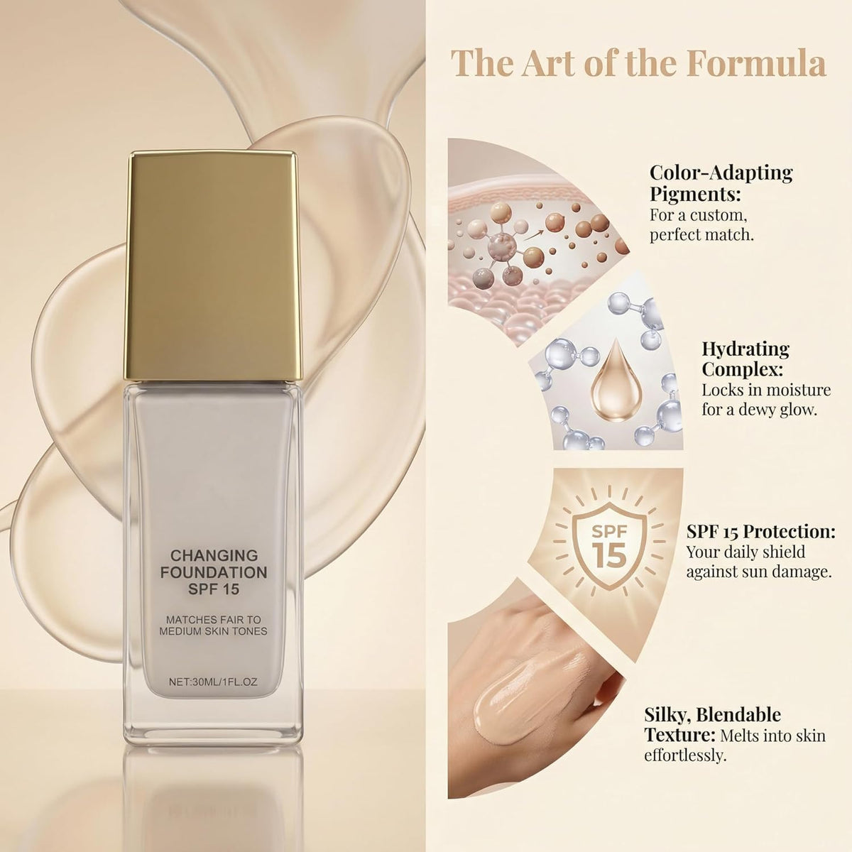 Aikertec texture close-up droplet highlighting silky, hydrating formula and smooth finish