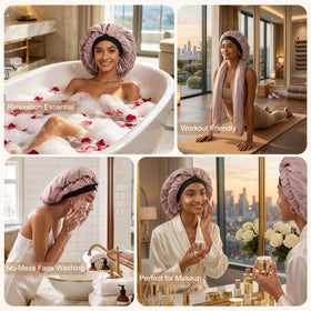 Aileam bonnet in bathroom during skincare keeping hair away