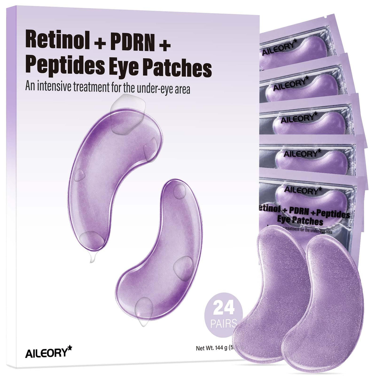 AILEORY front packaging showing 24 pairs and purple hydrogel design for quick refresh
