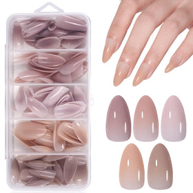 AILLSA front packaging showing 140-piece almond press-on nails and organized box benefit quick selection