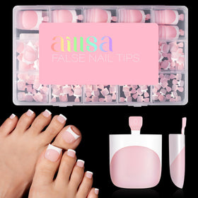AILLSA front packaging showing baby pink French toe press-ons benefit quick pedicures