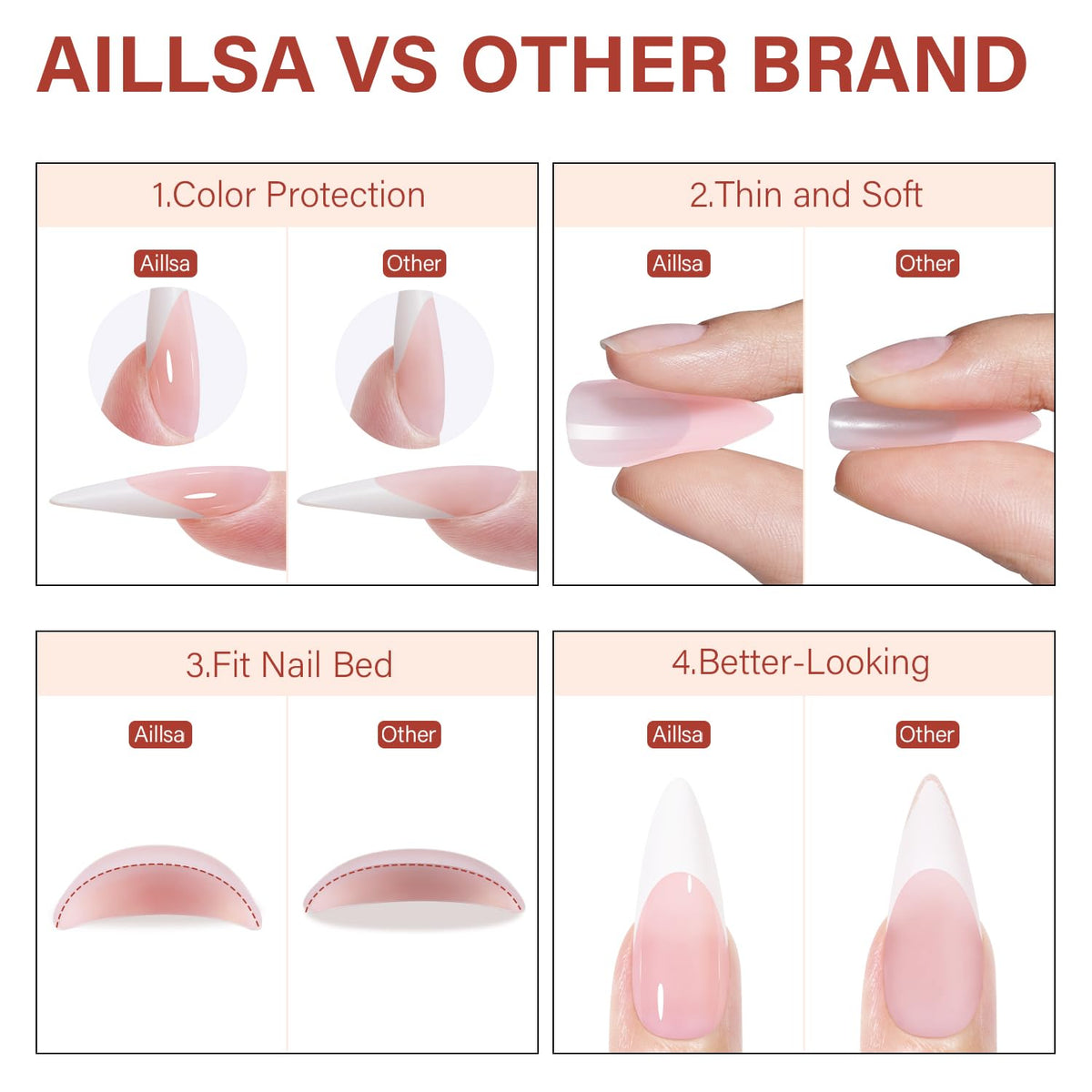 AILLSA tips worn on hand highlighting long almond stiletto elegance