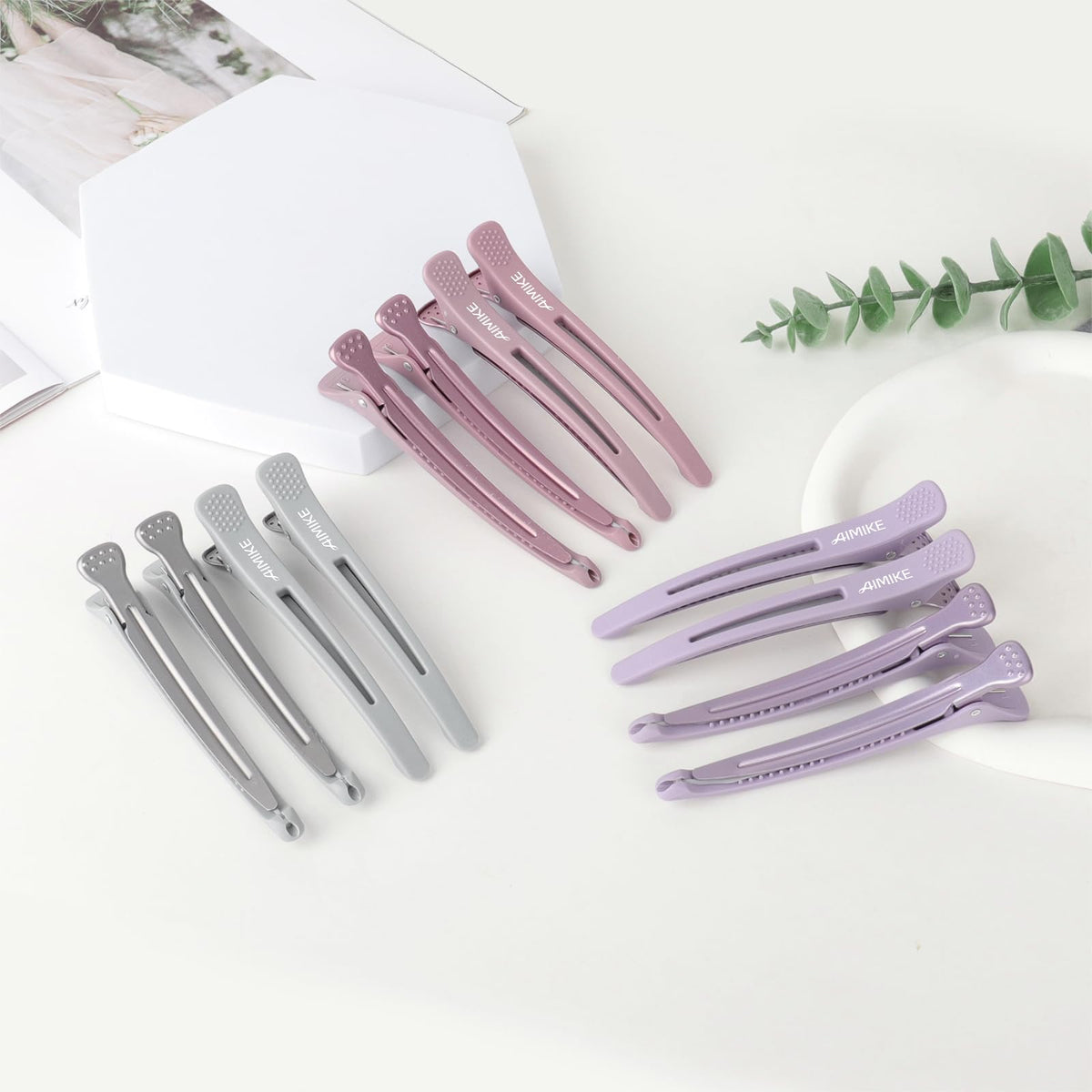 AIMIKE clips arranged on bathroom counter showing everyday styling convenience