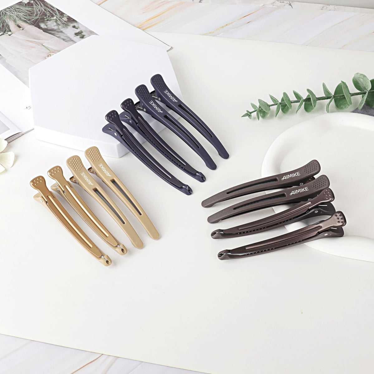AIMIKE clips arranged in salon setting, versatile for styling and color work